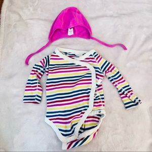 Adorable rainbow striped Hanna Anderson with pink cap. Love this outfit.